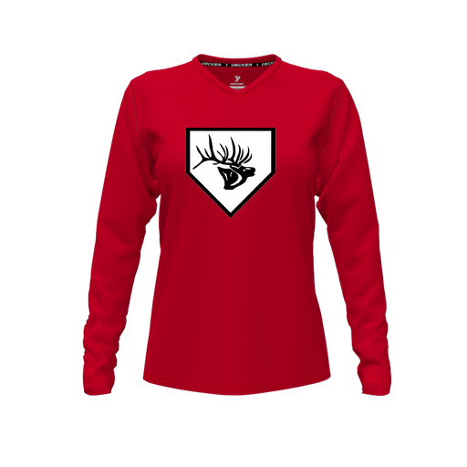 [FTLVPTRD-FYXS-LOGO2] Decker Performance T-Shirt (Female Youth XS, Red, V Neck, Logo 2, Long Sleeve)