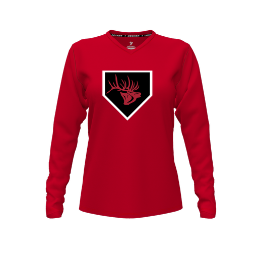 [CUS-DFW-TEES-CMF-VNK-LSL-RED-FYXS-LOGO1] Decker Comfort T-Shirt (Female Youth XS, Red, V Neck, Logo 1, Long Sleeve)